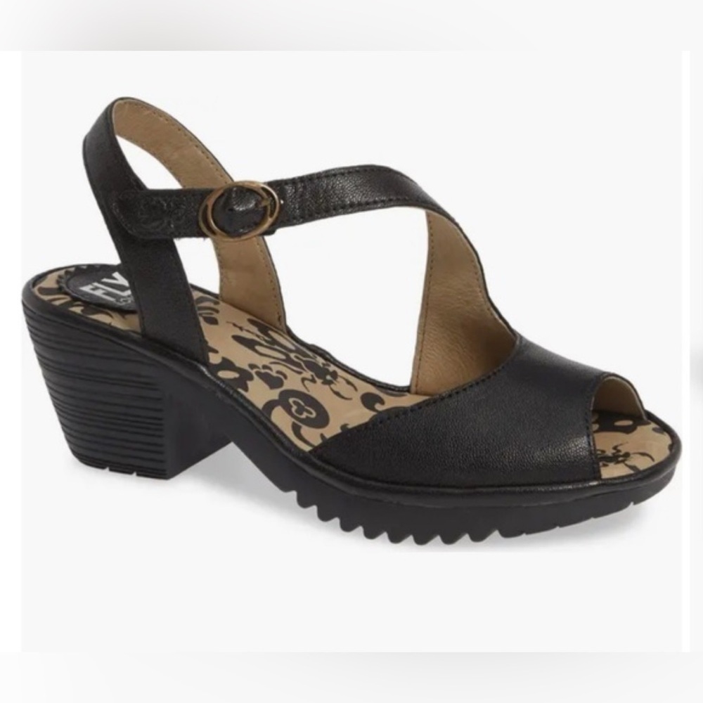 Fly London‎ NWOB Black Open Toe Heel Sandals